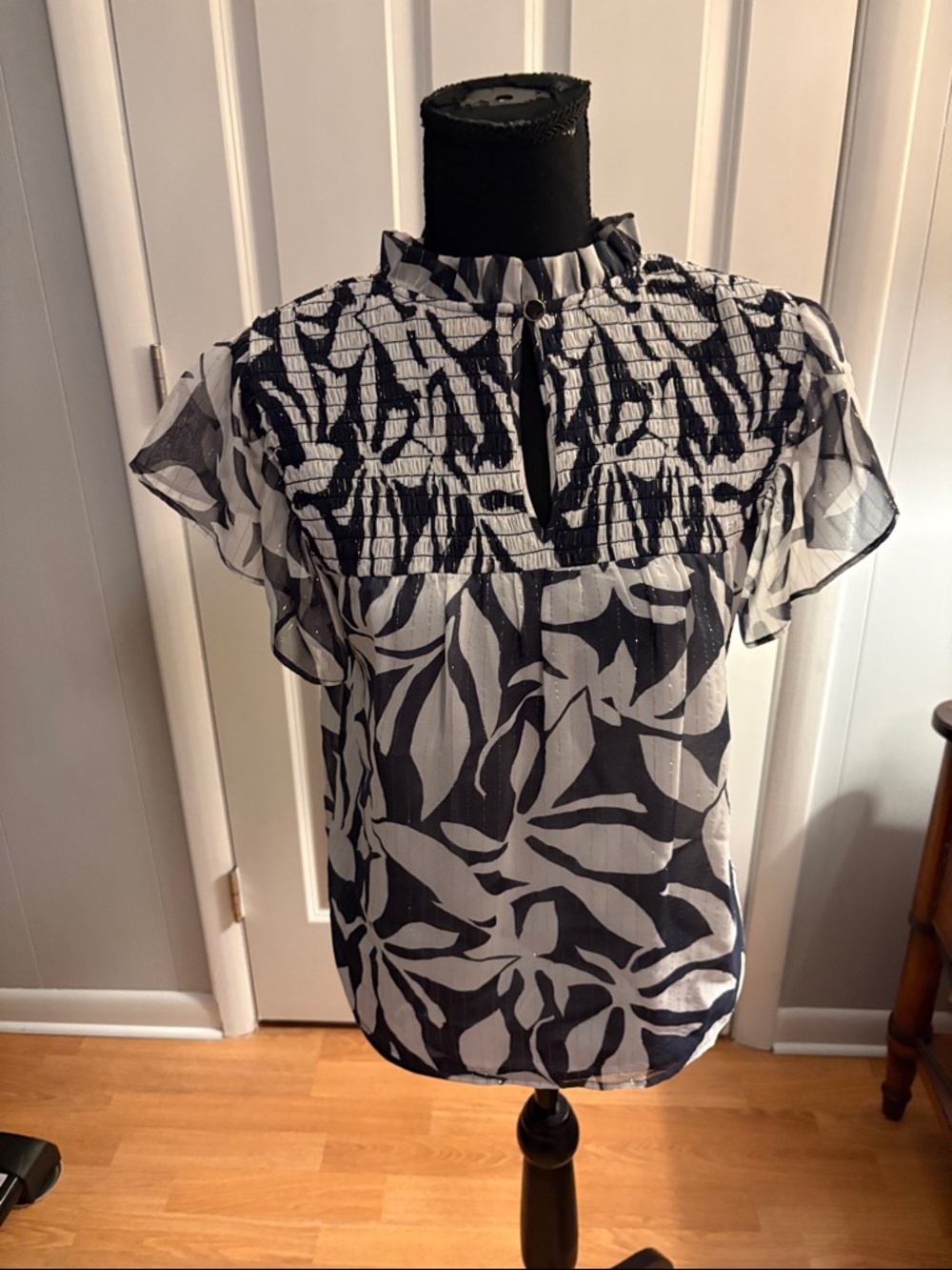 Marie Oliver Black and White Smocked Flutter Sleeve Blouse